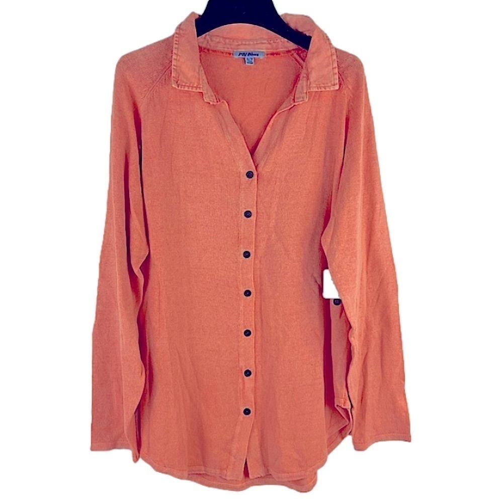 PBJ Blues Orange Acid Wash Tunic Sweater Denim Collar Button Front Cotton Blend